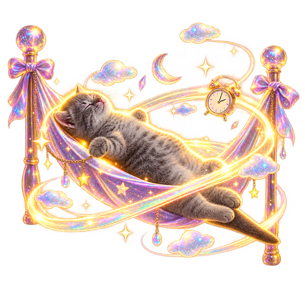 GNIGHT asleep in a jeweled hammock under a crescent moon